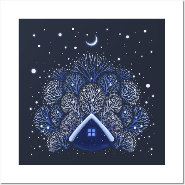 Tiny House - Snowy Night Wall Art by Episodic Drawing